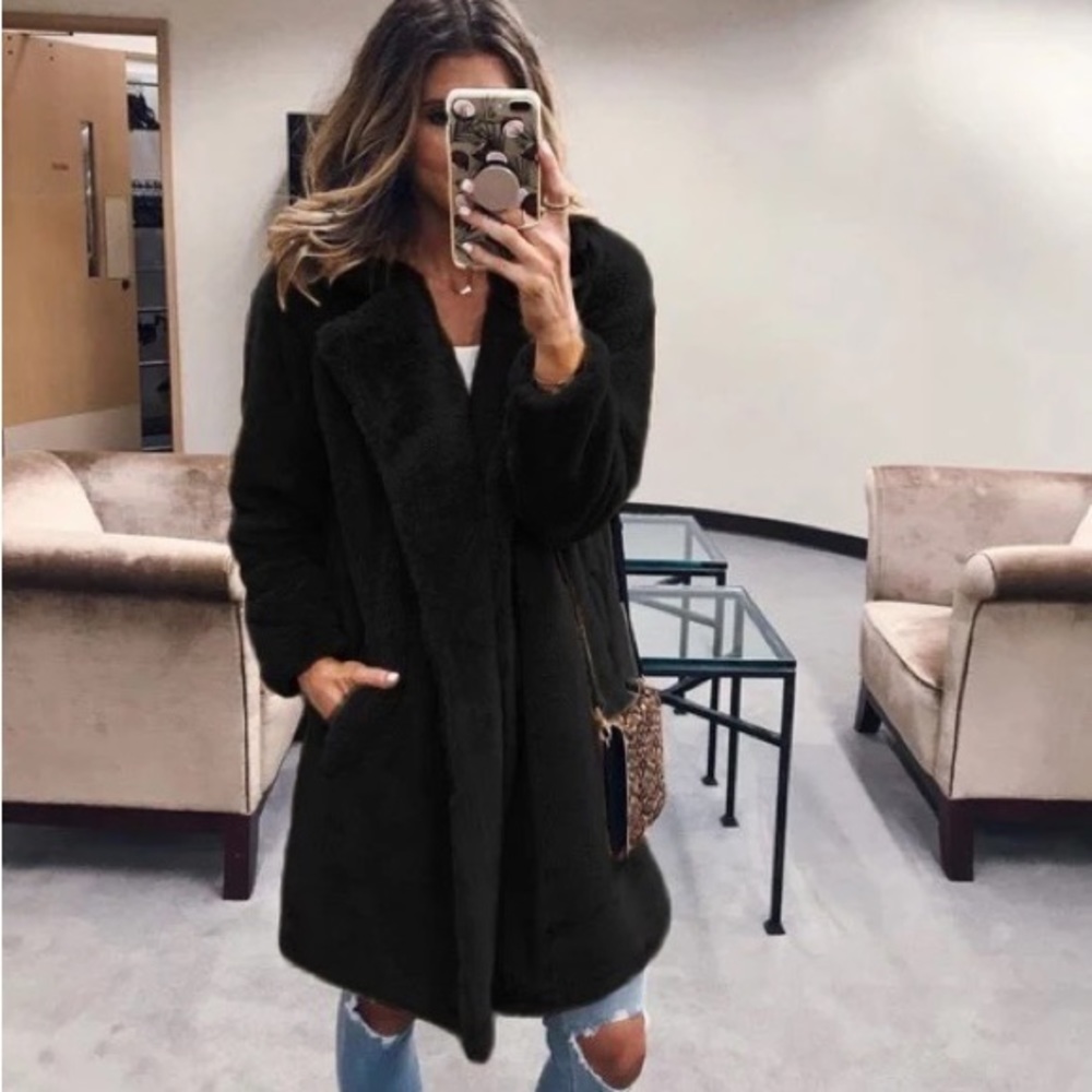 Teddy bear women coat faux fur jacket qown black
